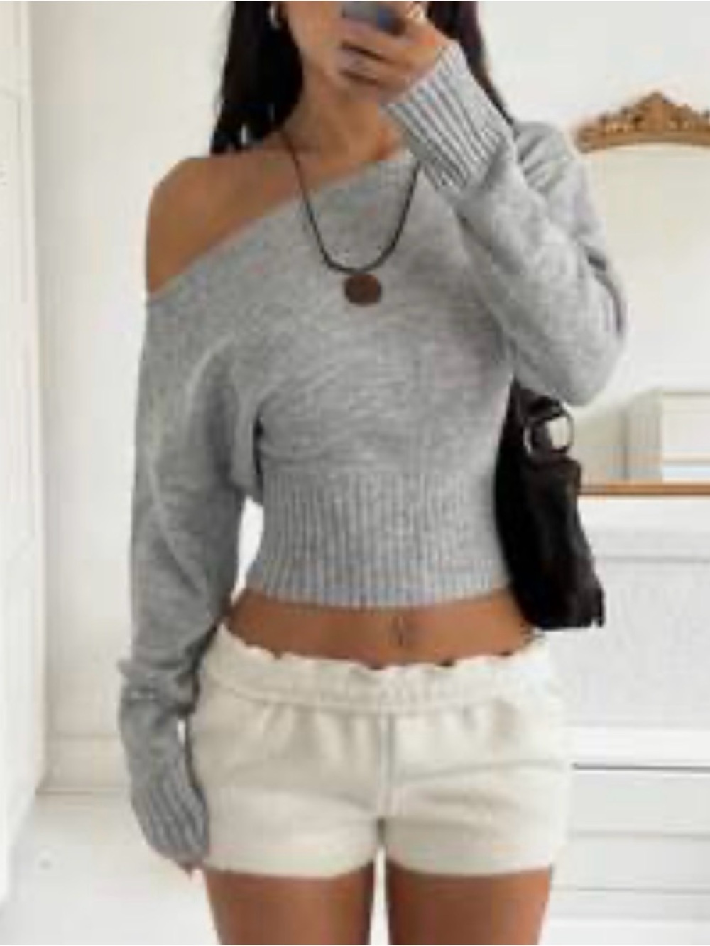 Gray Off-Shoulder Ribbed Crop Sweater